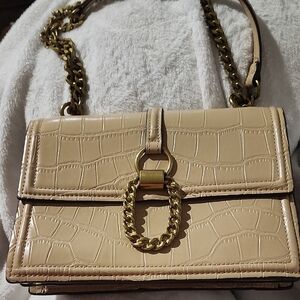 Zara Beige Croc-Embossed Shoulder Bag with Gold Chain